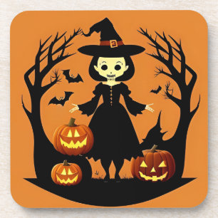 Halloween Witch with Pumpkins in Spooky Setting Beverage Coaster
