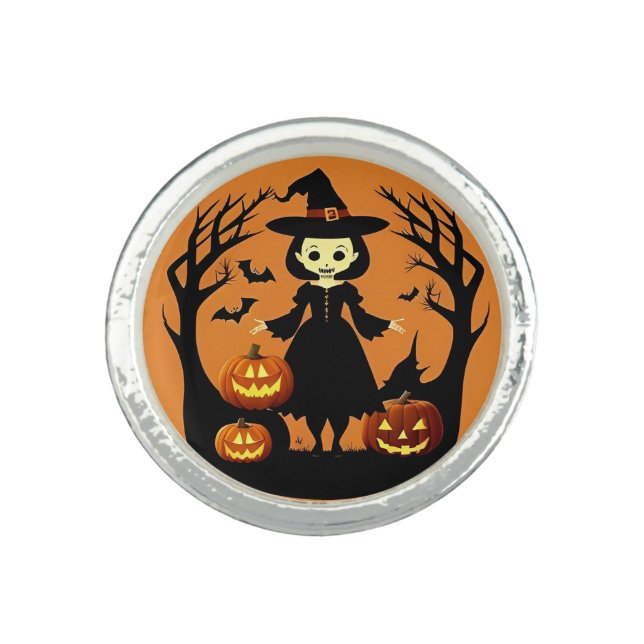 Halloween Witch with Pumpkins in Spooky Setting Ring (Front)