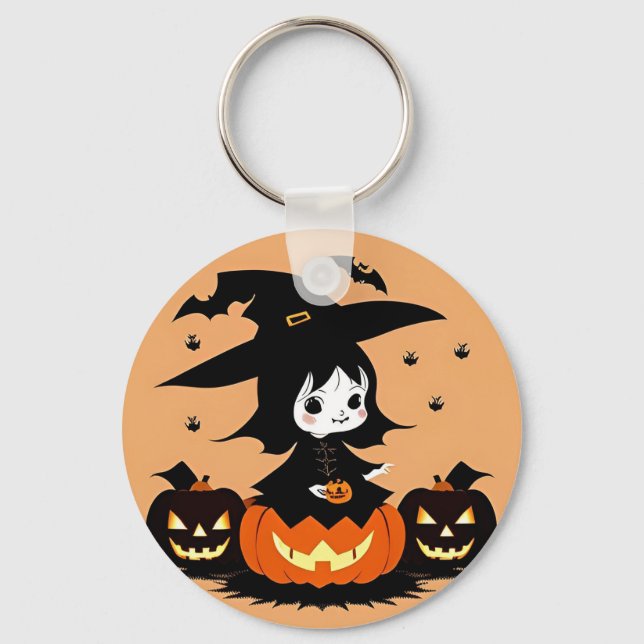 Halloween Witch with Pumpkins Keychain (Front)