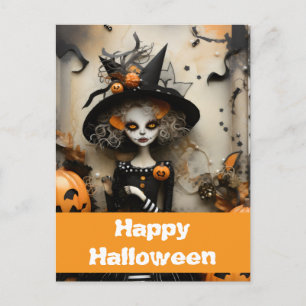 Halloween witch with pumpkins postcard
