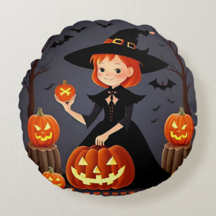 Halloween Witch with Pumpkins Round Pillow