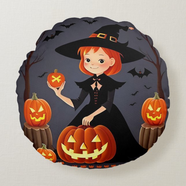 Halloween Witch with Pumpkins Round Pillow (Front)
