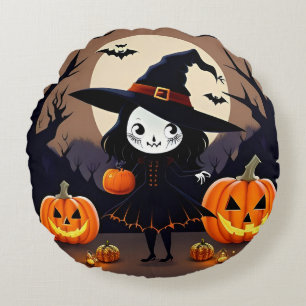 Halloween Witch with Pumpkins Round Pillow