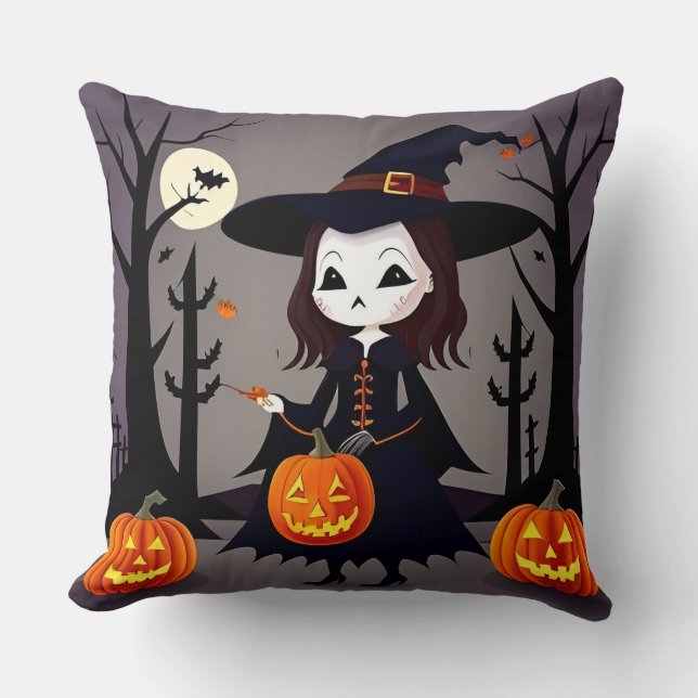 Halloween Witch with Pumpkins Throw Pillow (Front)