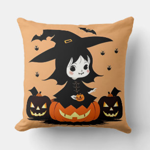 Halloween Witch with Pumpkins Throw Pillow
