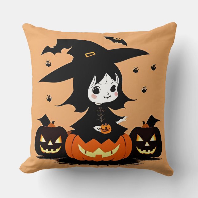 Halloween Witch with Pumpkins Throw Pillow (Front)
