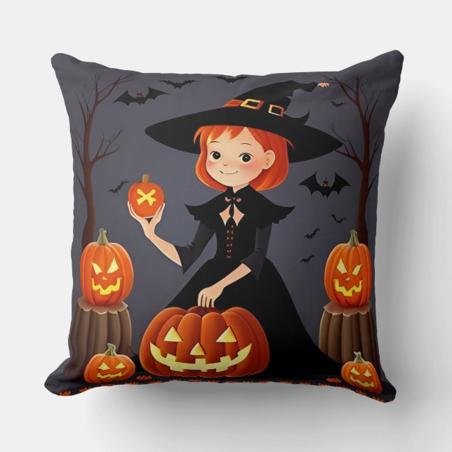 Halloween Witch with Pumpkins Throw Pillow (Front)