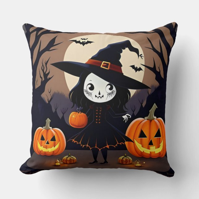 Halloween Witch with Pumpkins Throw Pillow (Front)