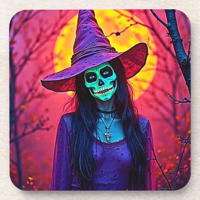 Halloween Witch with Skull Face Design Beverage Coaster (Front)