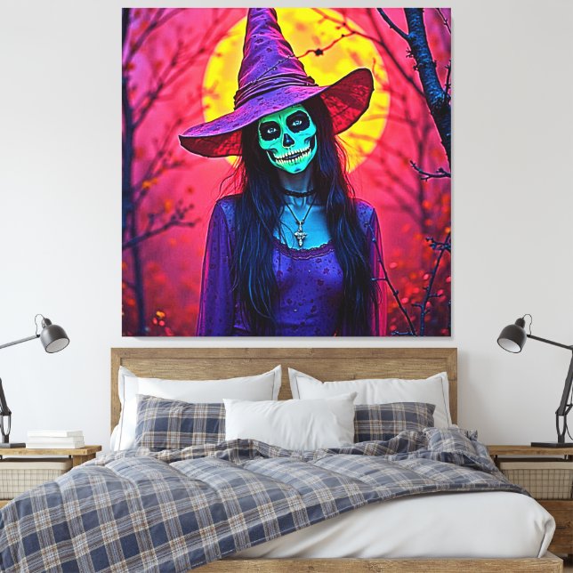 Halloween Witch with Skull Face Design Canvas Print (Insitu(Bedroom))