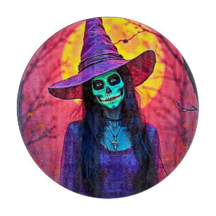 Halloween Witch with Skull Face Design Cutting Board