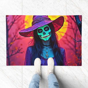 Halloween Witch with Skull Face Design Doormat