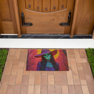 Halloween Witch with Skull Face Design Fiber Doormat