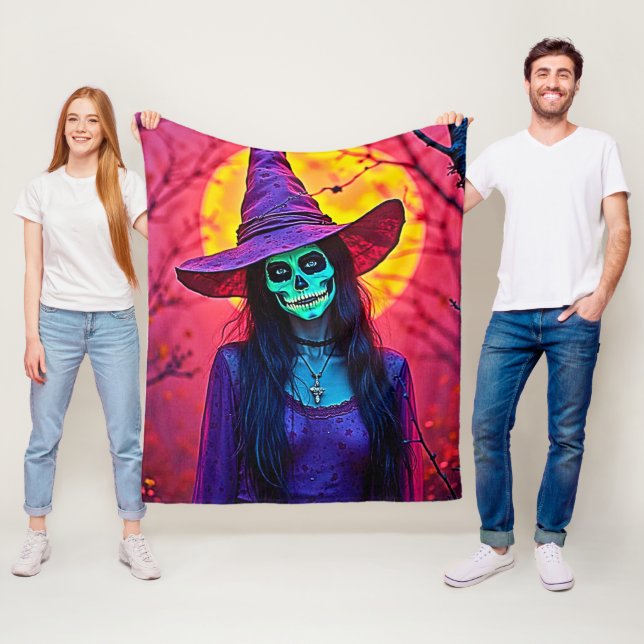 Halloween Witch with Skull Face Design Fleece Blanket (In Situ)
