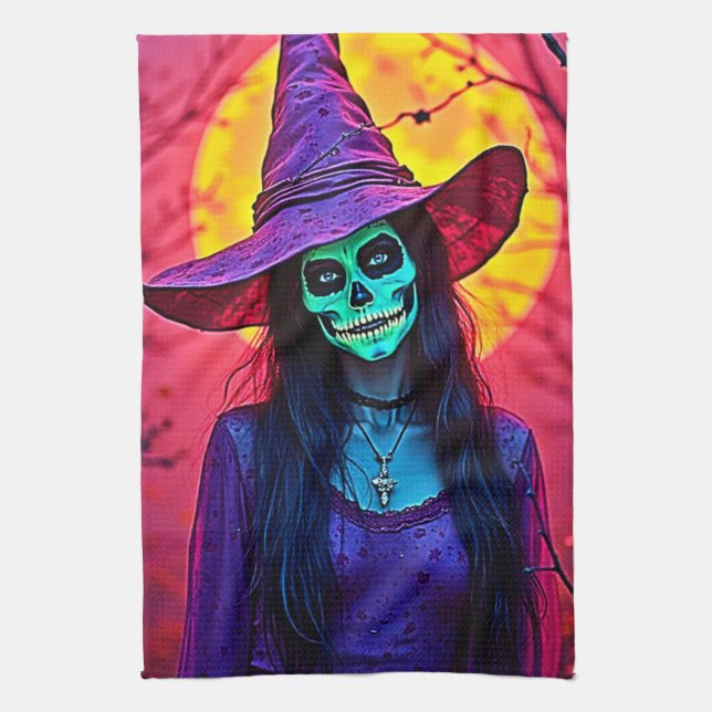 Halloween Witch with Skull Face Design Kitchen Towel (Vertical)