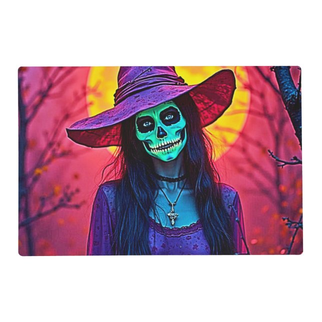 Halloween Witch with Skull Face Design Placemat (Front)