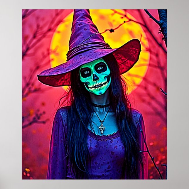 Halloween Witch with Skull Face Design Poster (Front)