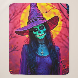 Halloween Witch with Skull Face Design Sherpa Blanket