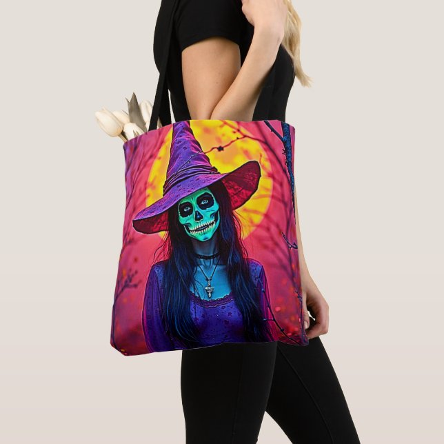 Halloween Witch with Skull Face Design Tote Bag (Close Up)