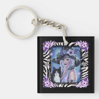  Halloween Witch with tuxedo cat By Renee L Keychain