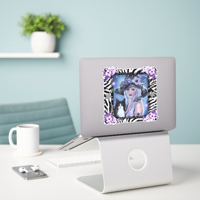  Halloween Witch with tuxedo cat By Renee L Sticker (Laptop On Desk)