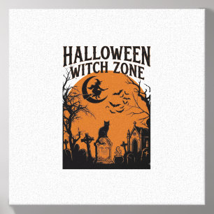 Halloween Witch Zone Black Cat Graveyard Bats Moon Canvas Photo Tile