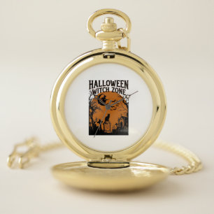 Halloween Witch Zone Black Cat Graveyard Bats Moon Pocket Watch