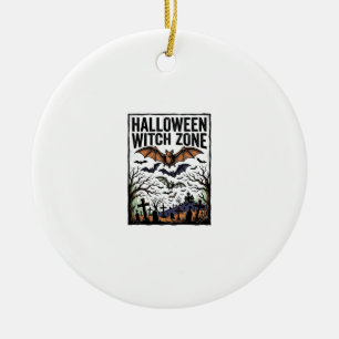 Halloween Witch Zone Vintage Graveyard Bats Design Ceramic Ornament
