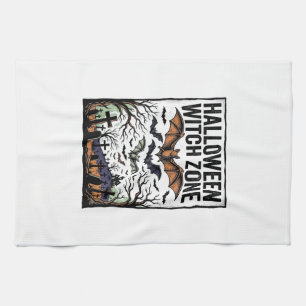 Halloween Witch Zone Vintage Graveyard Bats Design Kitchen Towel