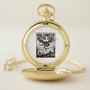 Halloween Witch Zone Vintage Graveyard Bats Design Pocket Watch