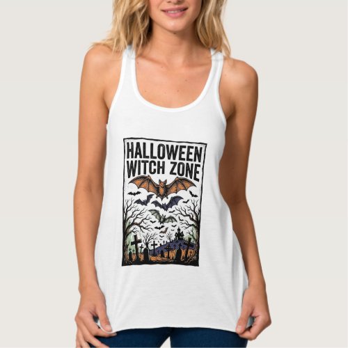 Halloween Witch Zone Vintage Graveyard Bats Design Tank Top