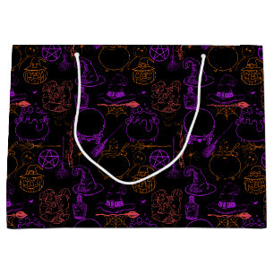 Halloween Witchcraft Pattern Neon 01 Black BG Large Gift Bag