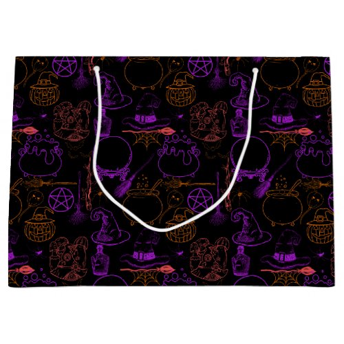 Halloween Witchcraft Pattern Neon 01 Black BG Large Gift Bag