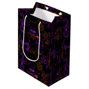 Halloween Witchcraft Pattern Neon 01 Black BG Medium Gift Bag