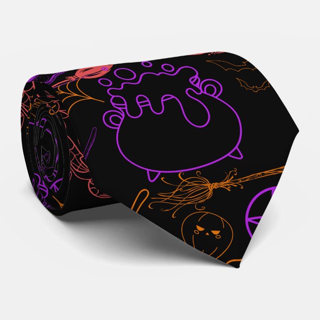 Halloween Witchcraft Pattern Neon 01 Black BG Neck Tie (Rolled)