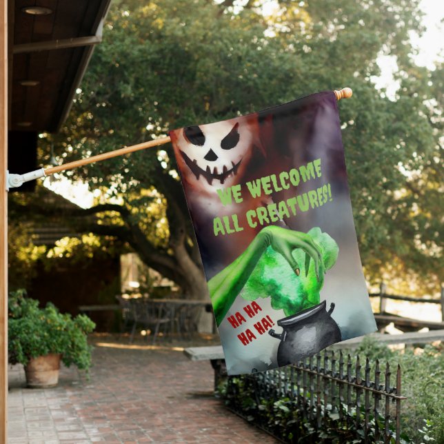 Halloween Witchcraft We Welcome All Creatures House Flag (In SItu)