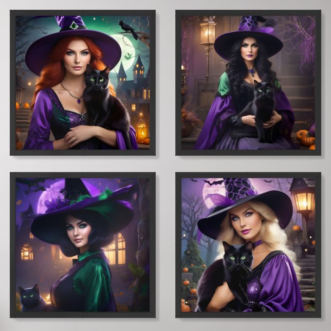 Halloween Witches and Black Cats Wall Art Sets (Front)