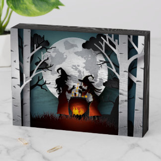 Halloween - Witches Brew in Forest Scene Wooden Box Sign