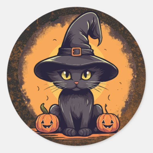 Halloween Witches Cat with Jack o Lanterns Classic Round Sticker