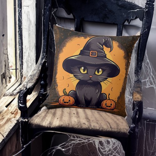 Halloween Witches Cat with Jack o Lanterns Throw Pillow