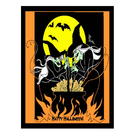 halloween witches cauldron postcard