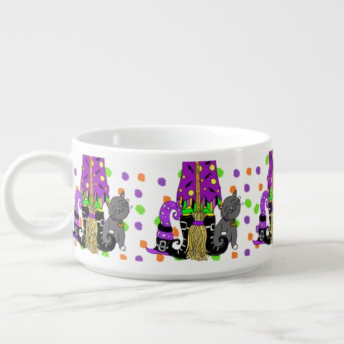 Halloween Witches Legs Broom and Black Cat Bowl