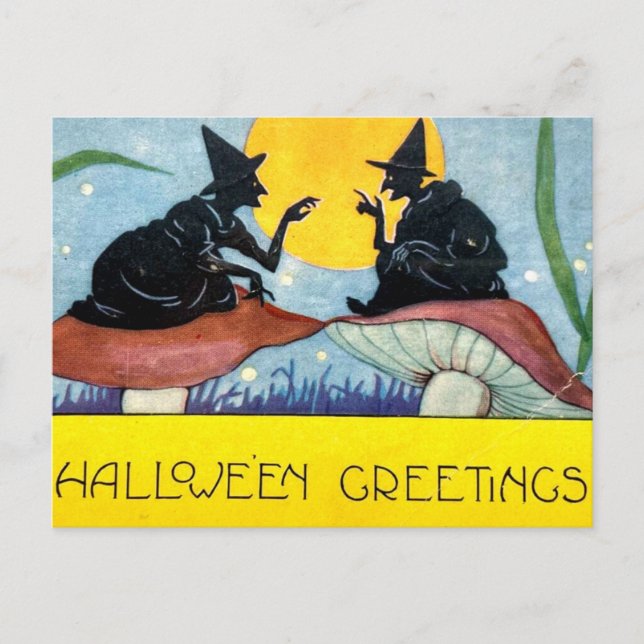Halloween Witches on Toadstool with Full Moon Postcard (Front)