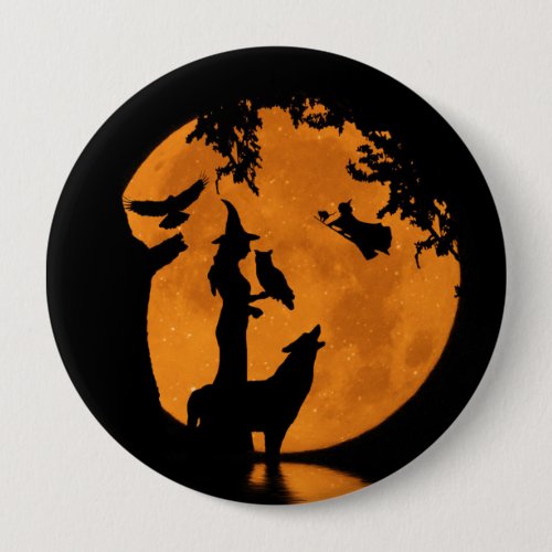 Halloween Witches Wolf Raven and Owl Button