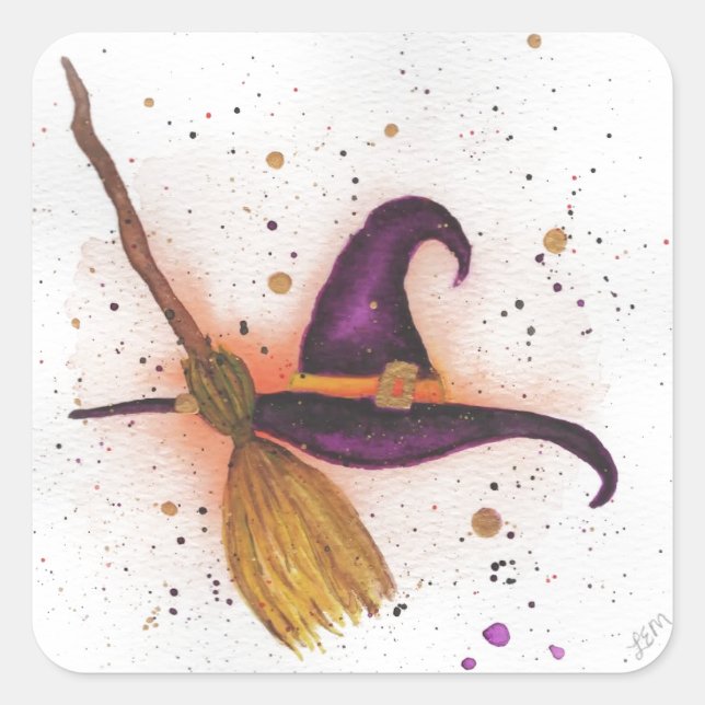 Halloween Witch's Hat and Broom Square Sticker (Front)