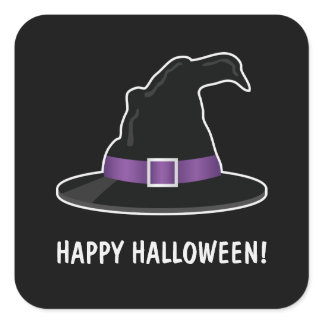 Halloween Witch's Hat With Purple And Custom Text Square Sticker