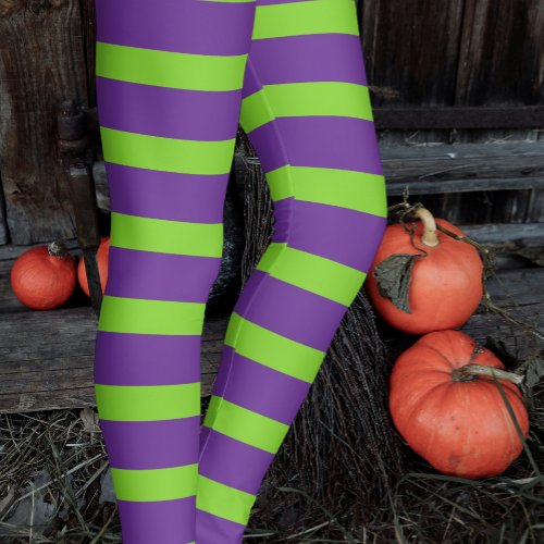 Halloween Witchs Purple Green Striped Stockings Leggings