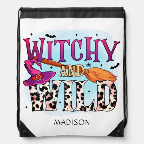 Halloween Witchy And Wild Witch Broom Personalized Drawstring Bag