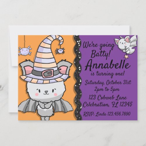 Halloween Witchy Bat with Spiders Birthday Invitation
