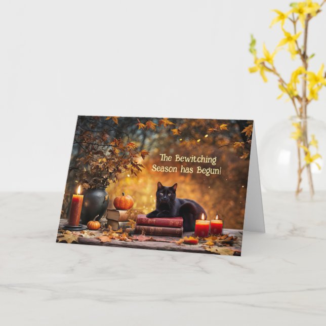Halloween Witchy Black Cat Candles Mystical  Card (Yellow Flower)